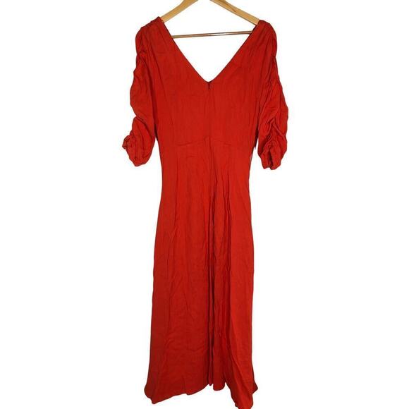 Nicholas Dress Ruched Gathered Puff Sleeve V-Neck A-Line Midi Red Size 6 - Picture 3 of 7